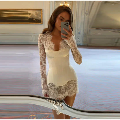 Lace Mini Dress for Women with Corset and Long Sleeves