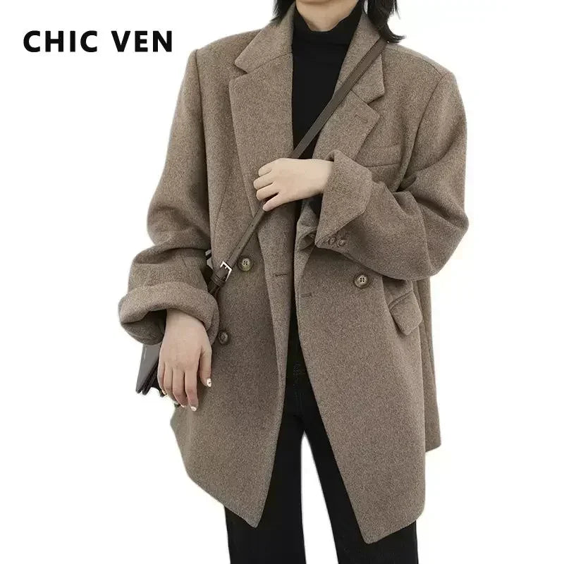 Wool Blend Mid Long Blazer Coat for Women