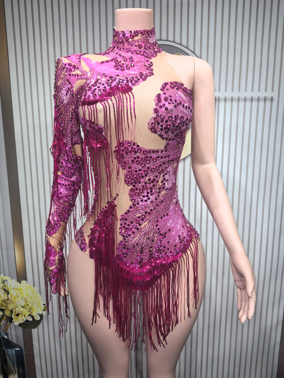 Rhinestone Tassel Elastic Bodysuit for Women