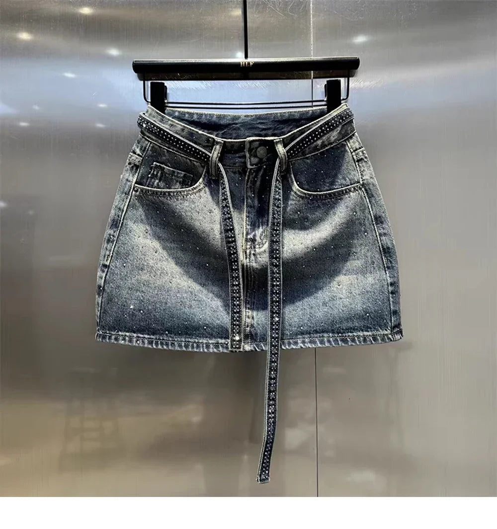 Oversize Diamond Denim Mini Skirt Women Gradient Black Grey