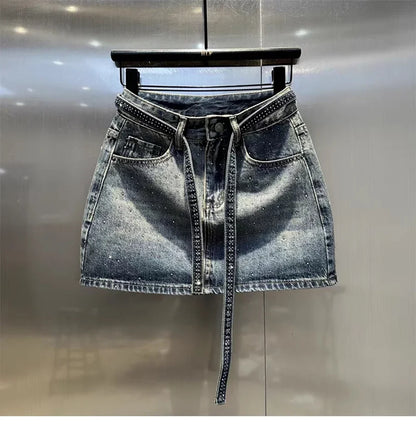 Oversize Diamond Denim Mini Skirt Women Gradient Black Grey