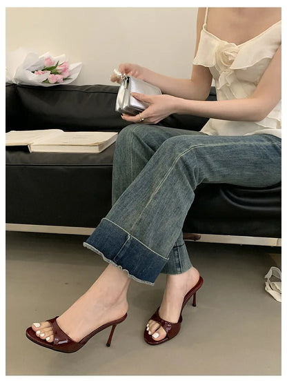 Thin High Heels Open Toe Slides Women Patent Leather Sandals