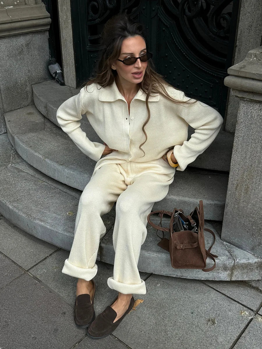 Knit Cardigan Pants Set for Women - Thick and Warm Outfit