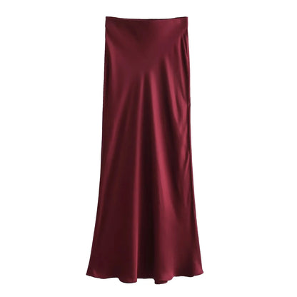 Vintage Satin Solid Long Skirt Women High Waist