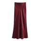 Vintage Satin Solid Long Skirt Women High Waist