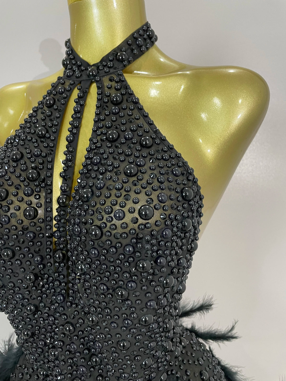 Luxury Rhinestones Pearls Feathers Halter Backless Dress