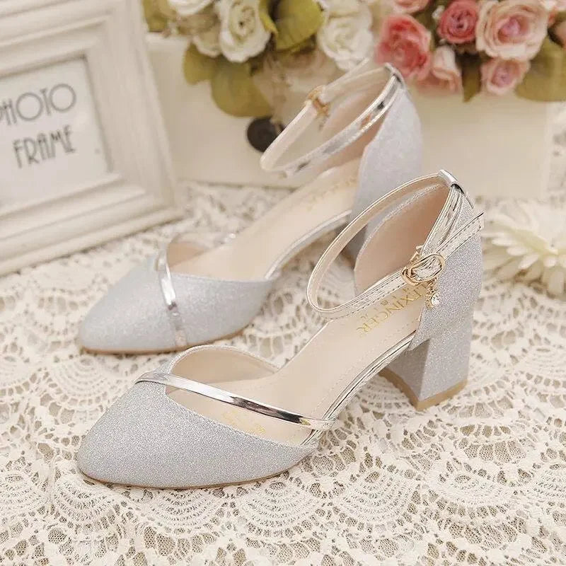 Black High-Heeled Shoes for Women - Silver and Gold