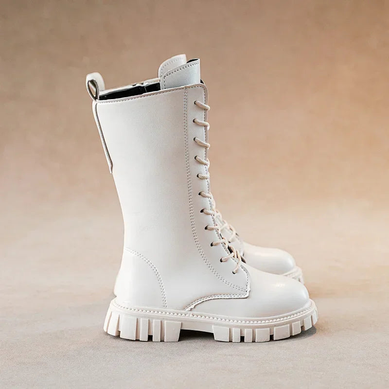 Black Mid Boots for Girls with Square Heel and Zip Closure