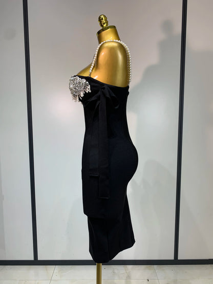 Women Backless Bodycon Bandage Dress with Pearls