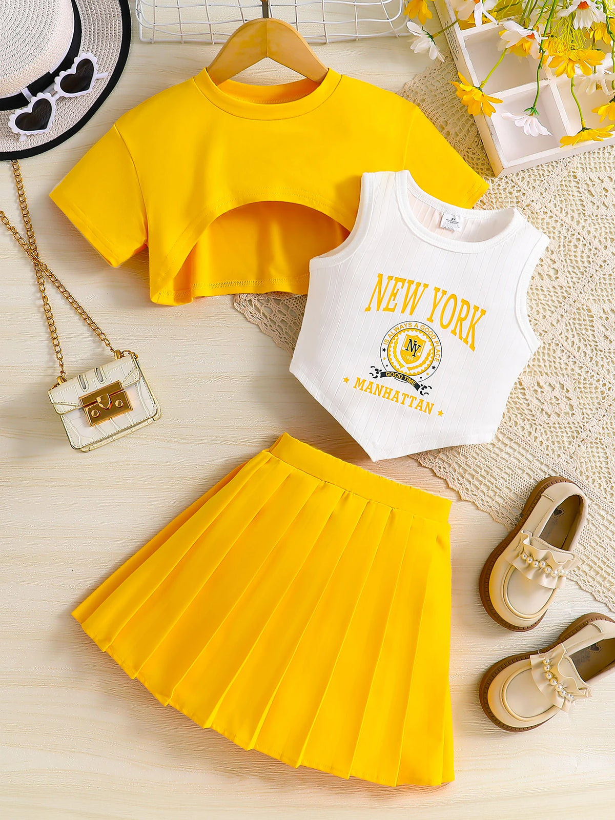 Summer Girls' Three-Piece Set, Breathable Polyester T-Shirt and Shorts