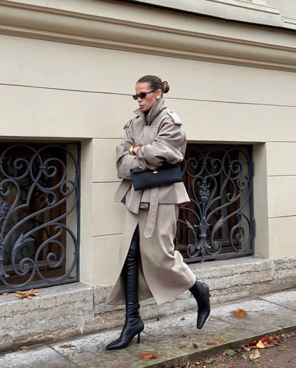 Lapel Lace Up Trench Coat Women Casual Long Sleeve