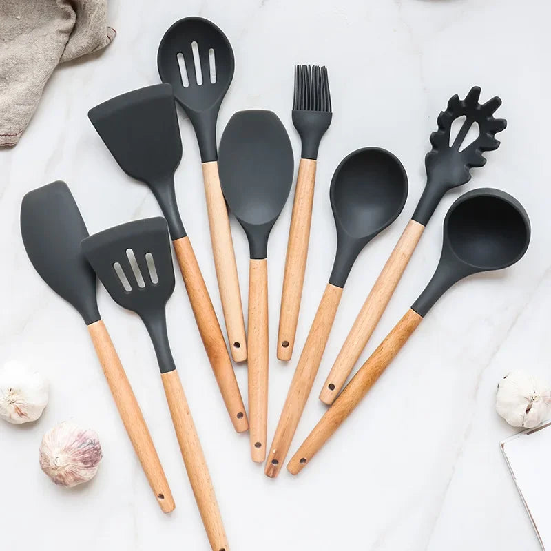 12 Piece Silicone Kitchen Utensils Set with Wooden Handle