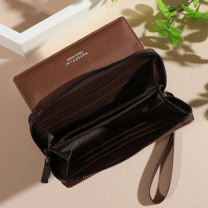 Men's Faux Leather Double Layer Wallet with Zippered Card Holder