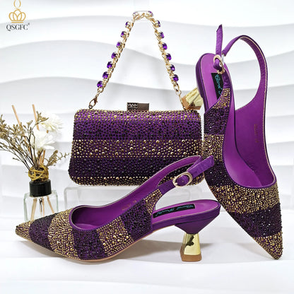 Italian Luxury Green Rhinestone Shoes and Bag Set