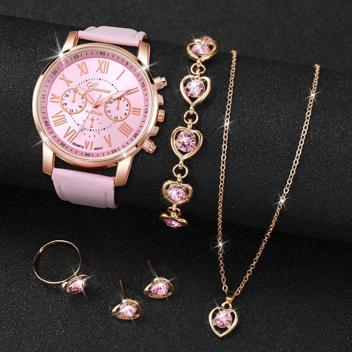 Fashion Women's Quartz Watch Leather Band Jewelry Set