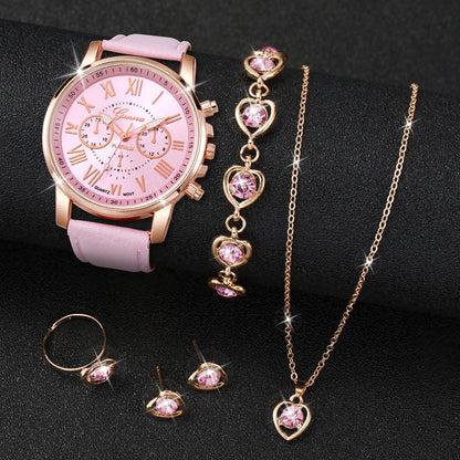 Fashion Women's Quartz Watch Leather Band Jewelry Set