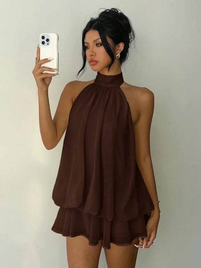 Women's Backless Halter Tie Waist Mini Dress in Polyester