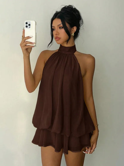Women's Backless Halter Tie Waist Mini Dress in Polyester
