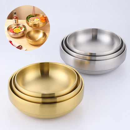 Stainless Steel Double Layer Cold Noodle Bowl Gold Silver
