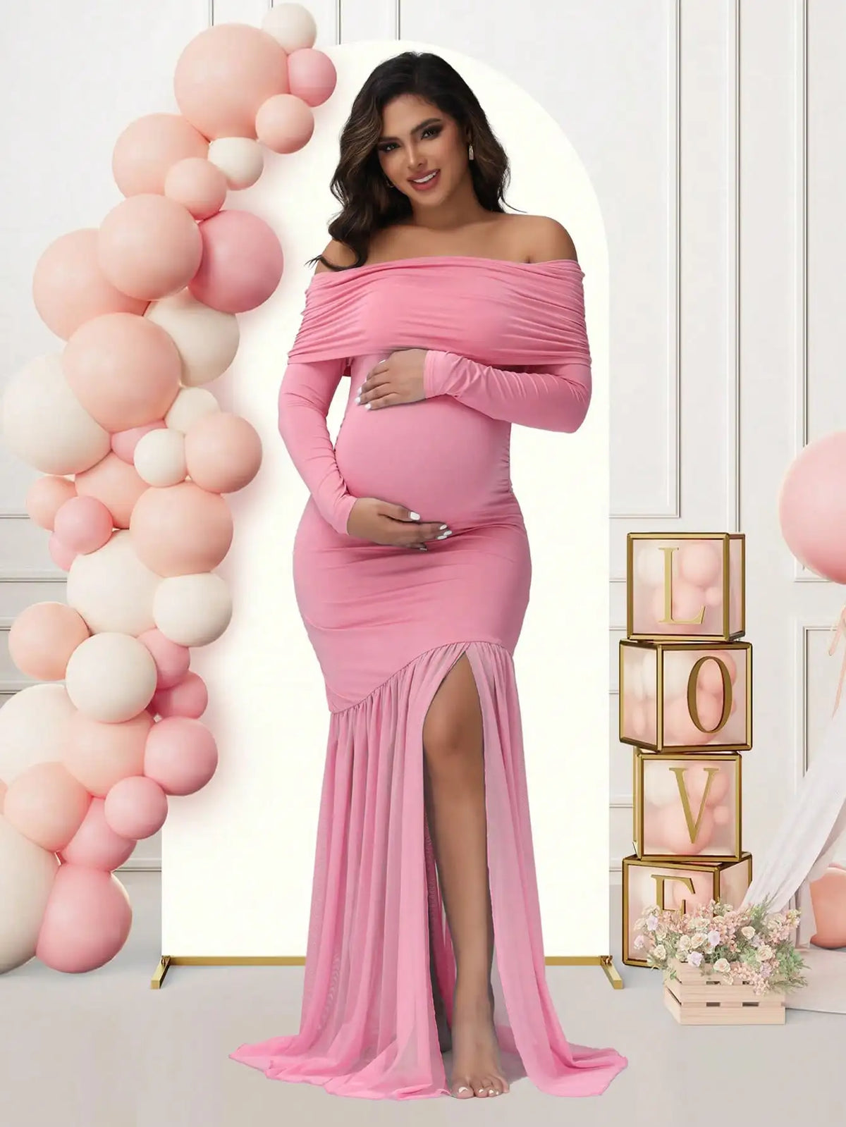 Elegant Off-Shoulder Maternity Dress with Slits