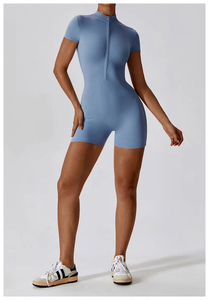 Summer Zipper Short Sleeve Yoga Bodysuit for Women