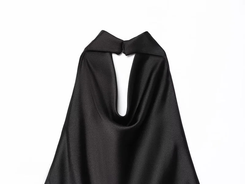 Black Satin Backless Halter Top for Women