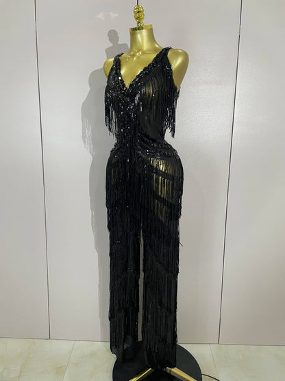 Sparkly Black Rhinestone Fringe Jumpsuit for Women