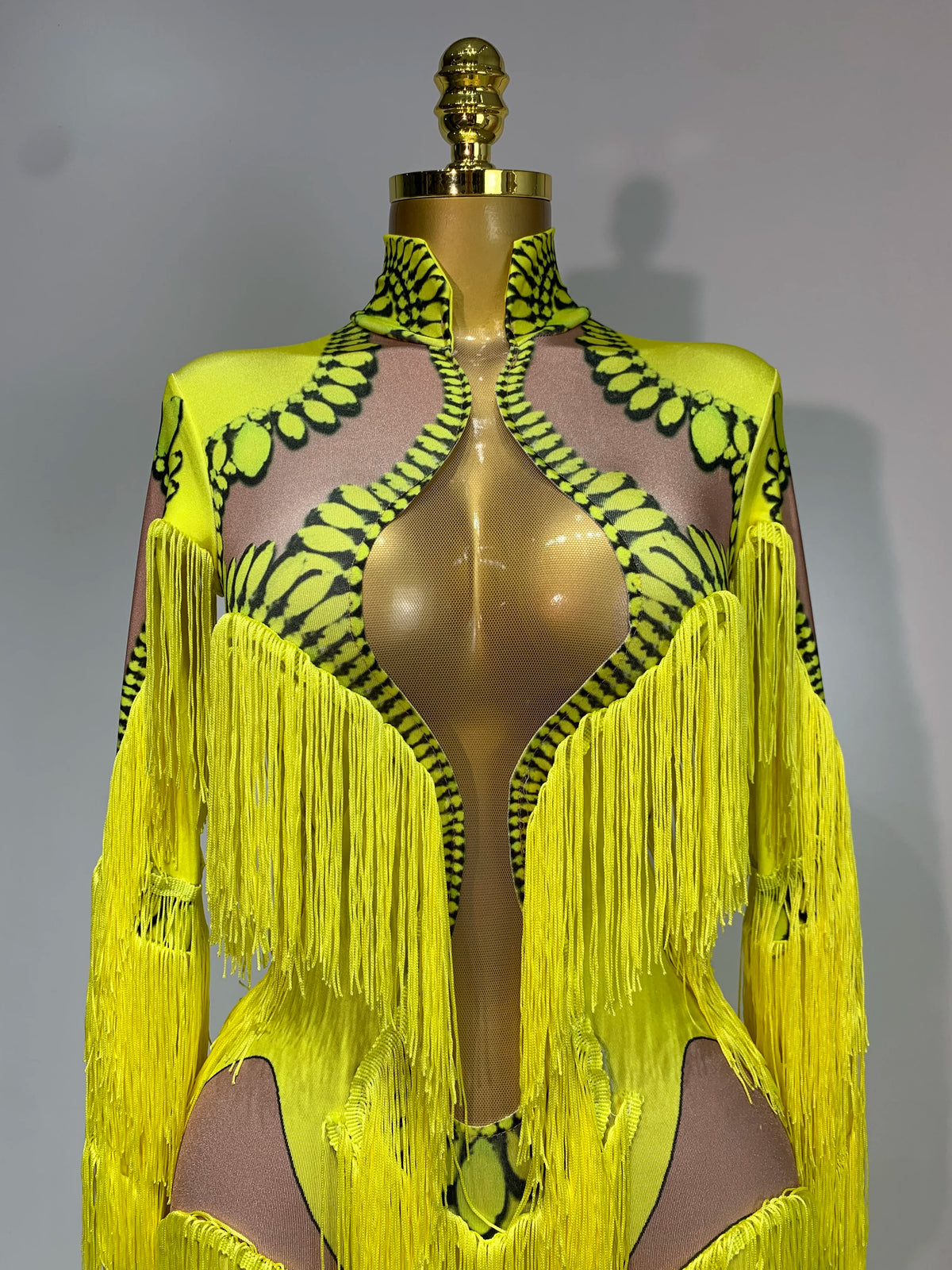 Yellow Polyester Bodycon Jumpsuit with Tassels
