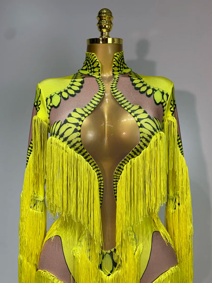 Yellow Polyester Bodycon Jumpsuit with Tassels