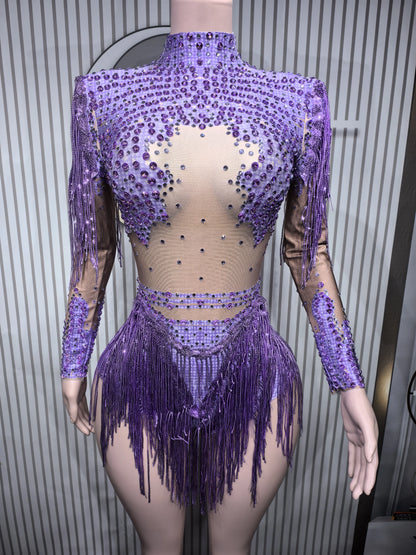 Rhinestone Tassel Elastic Bodysuit for Women