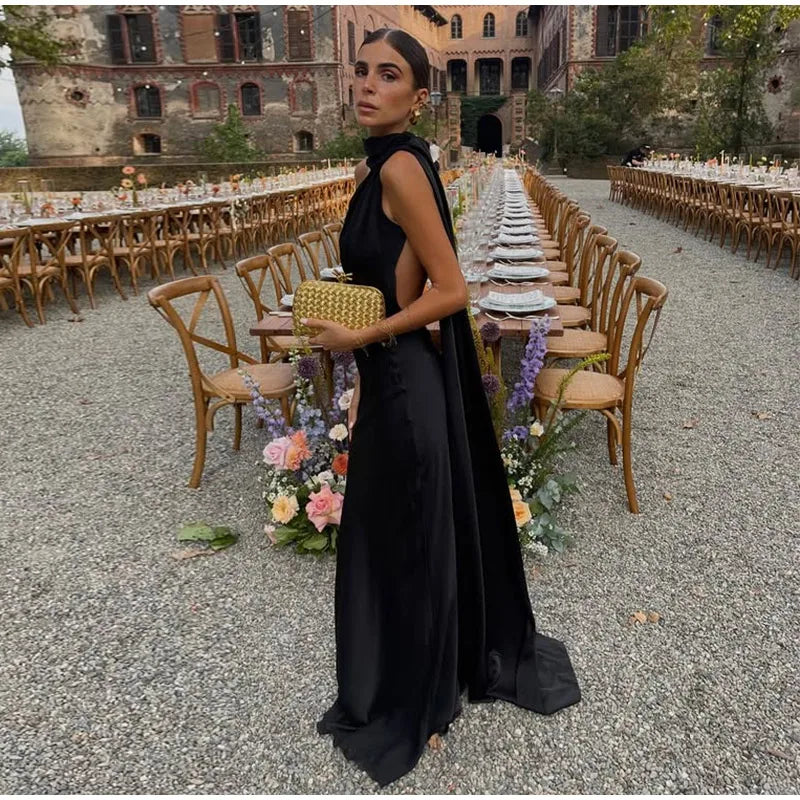 Elegant Halter Dress Women Solid Backless Maxi Dress