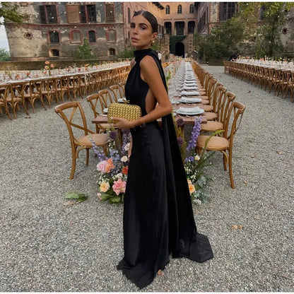 Elegant Halter Dress Women Solid Backless Maxi Dress