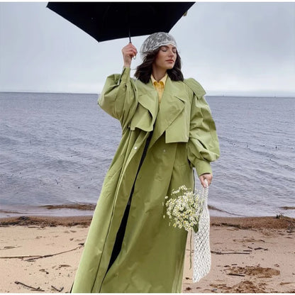 Green Oversized Belt Overcoat Women Long Sleeve Windbreaker