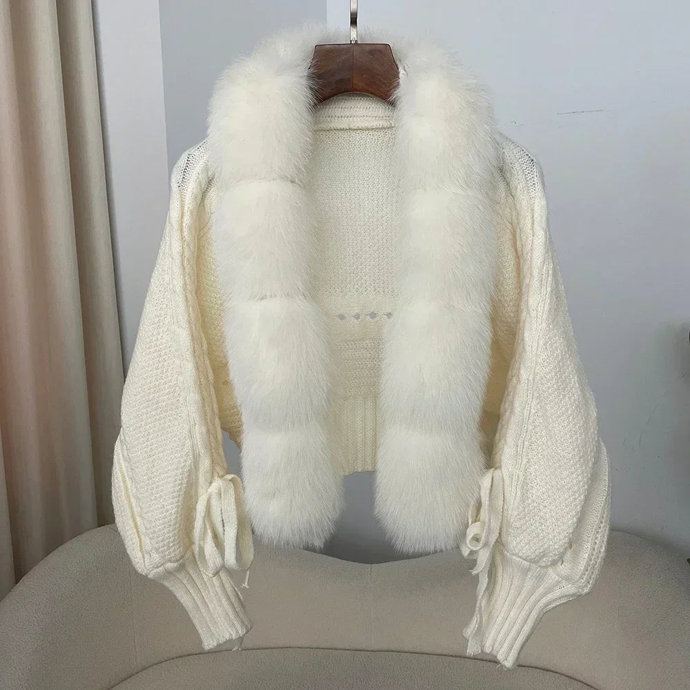 Knitted Cardigan Coat for Women with Real Fox Fur