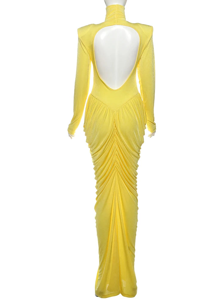 Maxi Dress Women Turtleneck Full Sleeve Backless