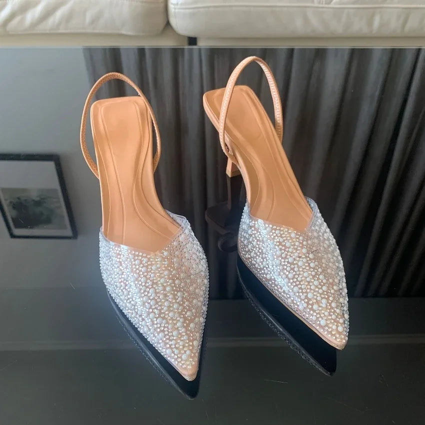 Women High Heels Slingback Pumps with Pearl Decoration