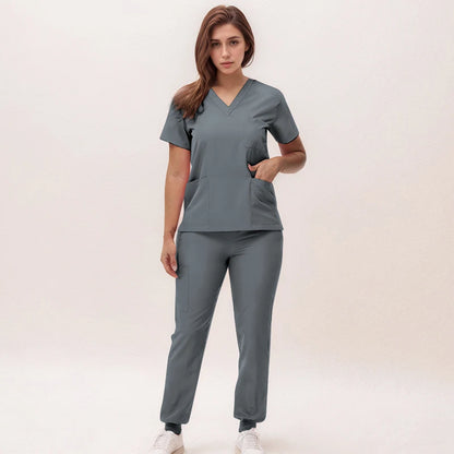 Stretchy V-Neck Nurse Scrub Set Jogger Pants