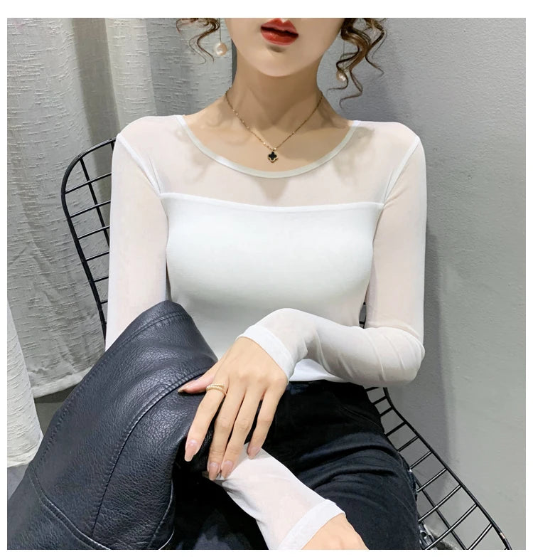 Women Slim Fit Long Sleeve Mesh T-Shirt