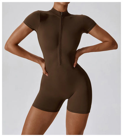 Summer Zipper Short Sleeve Yoga Bodysuit for Women