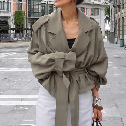 Lapel Lace Up Trench Coat Women Casual Long Sleeve