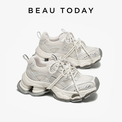 Chunky Sneakers Women Synthetic Leather Mesh Lace-up Trainers