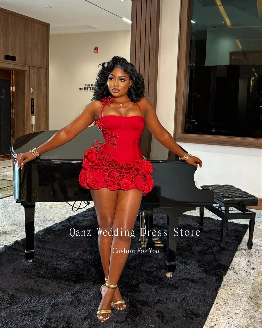 Red Satin Halter Neck Mini Prom Dress with Ruffles