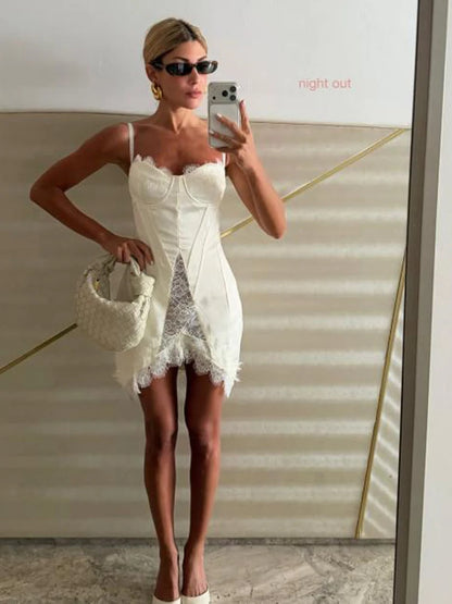 Women White Lace Trim Corset Mini Dress