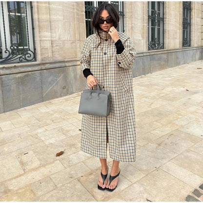Reversible Plaid Long Trench Coat Women Single Breasted