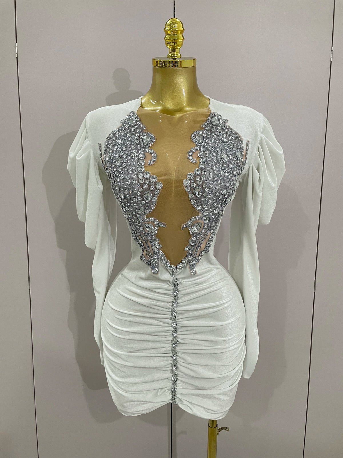 White Velvet Sexy Mesh Short Dress with Crystals