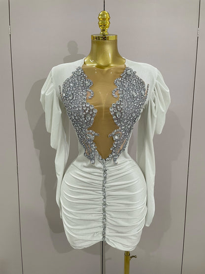 White Velvet Sexy Mesh Short Dress with Crystals