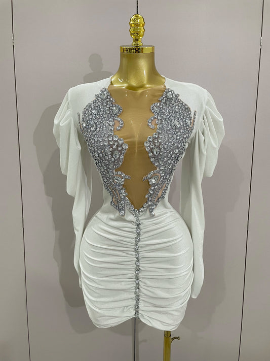 White Velvet Sexy Mesh Short Dress with Crystals