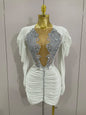 White Velvet Sexy Mesh Short Dress with Crystals
