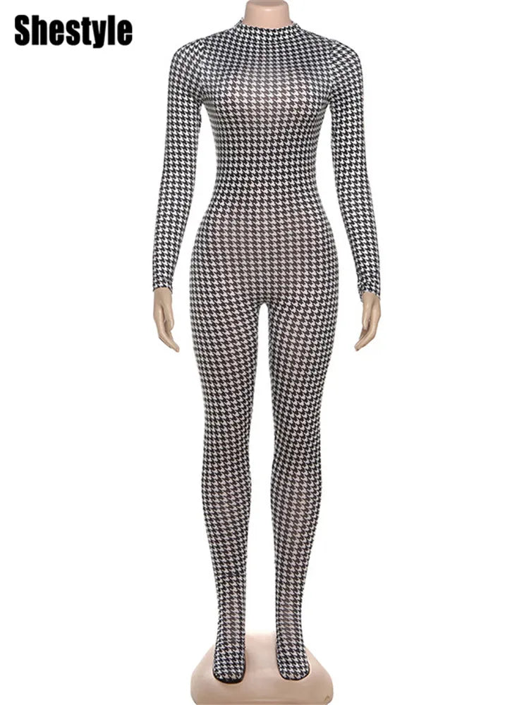 Plaid Bodycon Jumpsuit Women Turtleneck Fitness Clothing