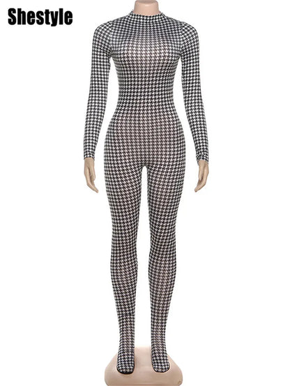 Plaid Bodycon Jumpsuit Women Turtleneck Fitness Clothing